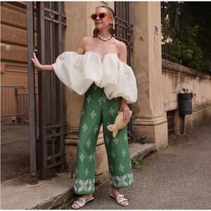 Zara Embroidered Linen Blend Wide Leg Pants Green Boho Size Medium